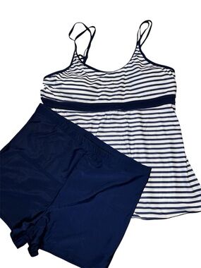 Striped Navy & White Swim Tankini with Navy Shorts
